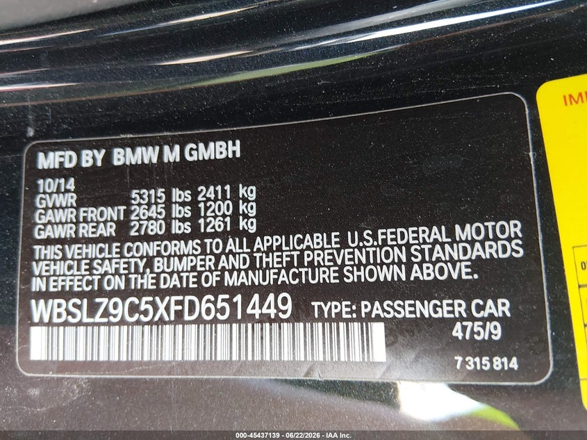 2015 BMW M6 VIN: WBSLZ9C5XFD651449 Lot: 45437139