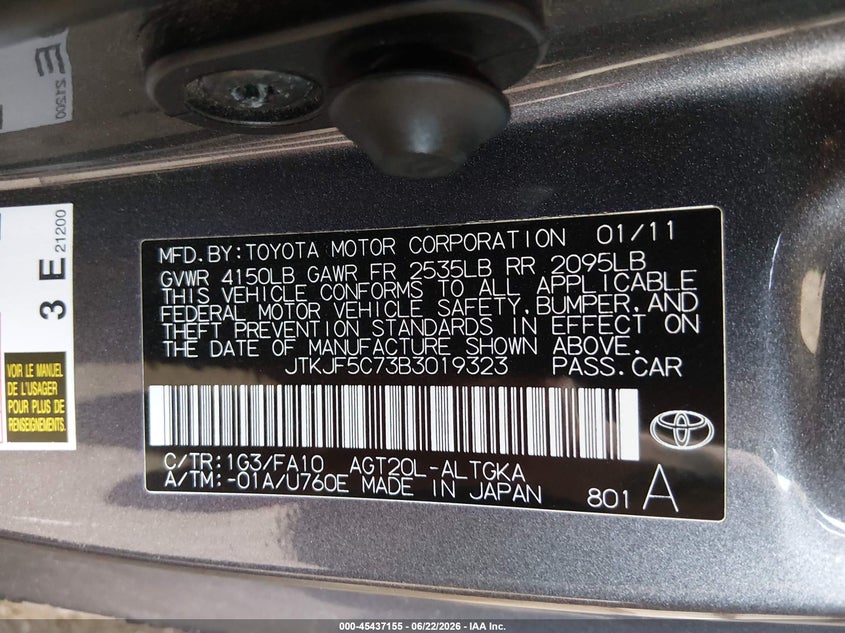 2011 Scion Tc VIN: JTKJF5C73B3019323 Lot: 45437155