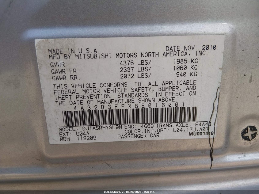 2011 Mitsubishi Galant Es/Se VIN: 4A32B3FFXBE016001 Lot: 45437172