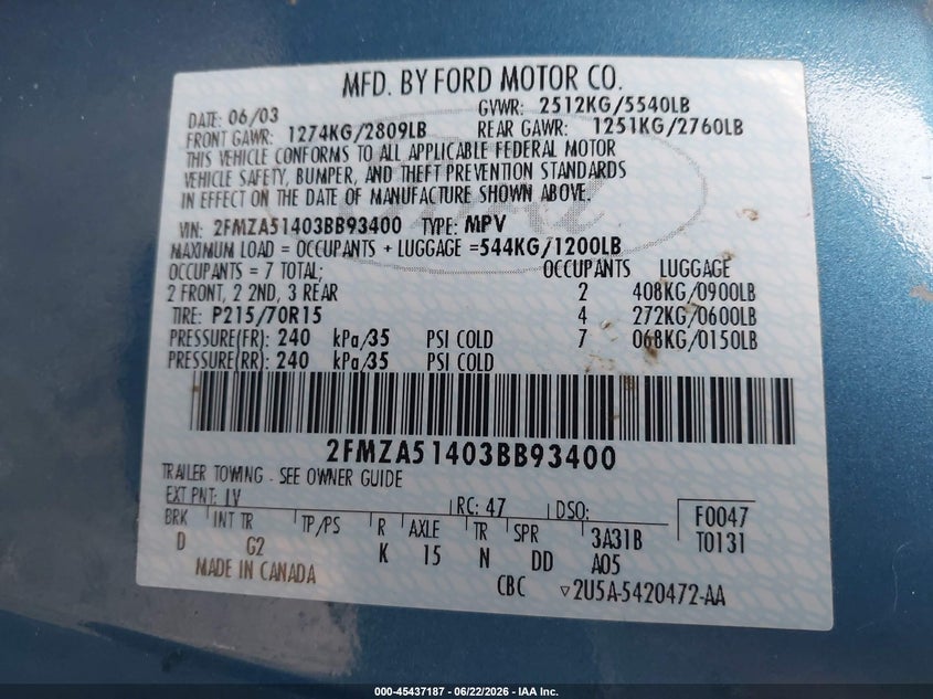 2003 Ford Windstar Lx VIN: 2FMZA51403BB93400 Lot: 45437187