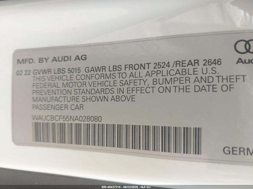 2022 Audi A5 Sportback Premium Plus 40 Tfsi Quattro S Tronic VIN: WAUCBCF55NA028080 Lot: 45437216