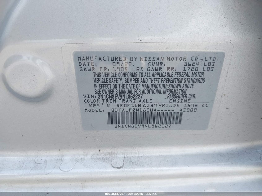 2022 Nissan Versa 1.6 Sv Xtronic Cvt VIN: 3N1CN8EV9NL862227 Lot: 45437267