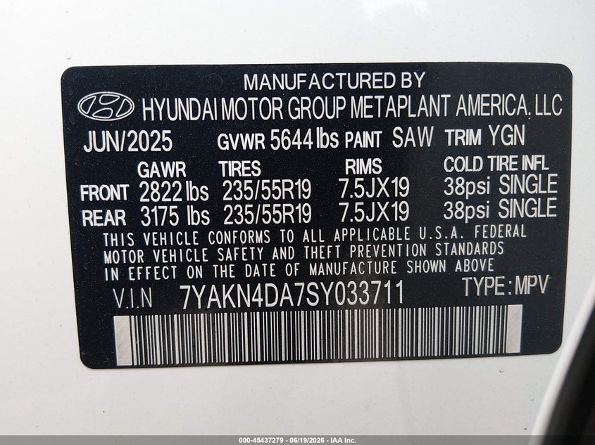 2025 Hyundai Ioniq 5 Sel VIN: 7YAKN4DA7SY033711 Lot: 45437279