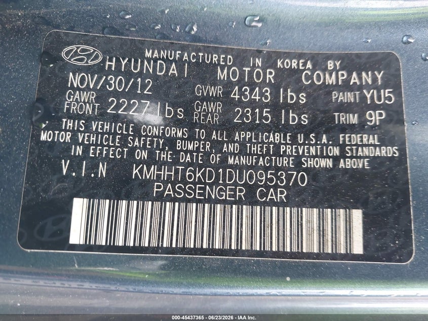 2013 Hyundai Genesis 2.0T Premium VIN: KMHHT6KD1DU095370 Lot: 45437365