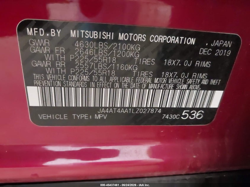 2020 Mitsubishi Eclipse Cross Le 1.5T Awc VIN: JA4AT4AA1LZ027874 Lot: 45437461