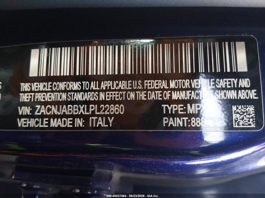 JEEP RENEGADE 2020 VIN ZACNJABBXLPL22860