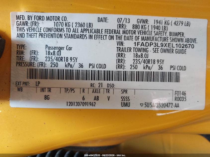 FORD FOCUS ST 2014 VIN 1FADP3L9XEL102670