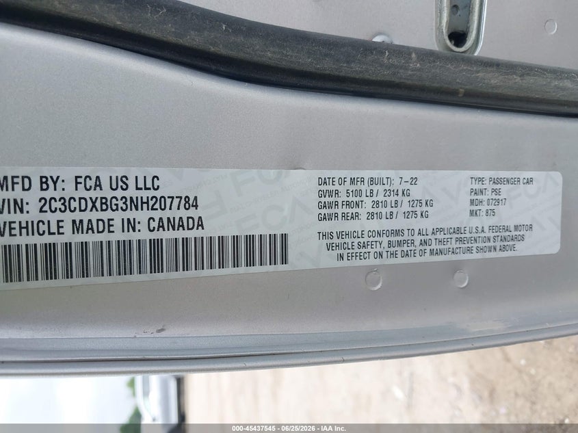 2022 DODGE CHARGER SEDAN 3.6L V-6 DOHC, VVT, 292HP