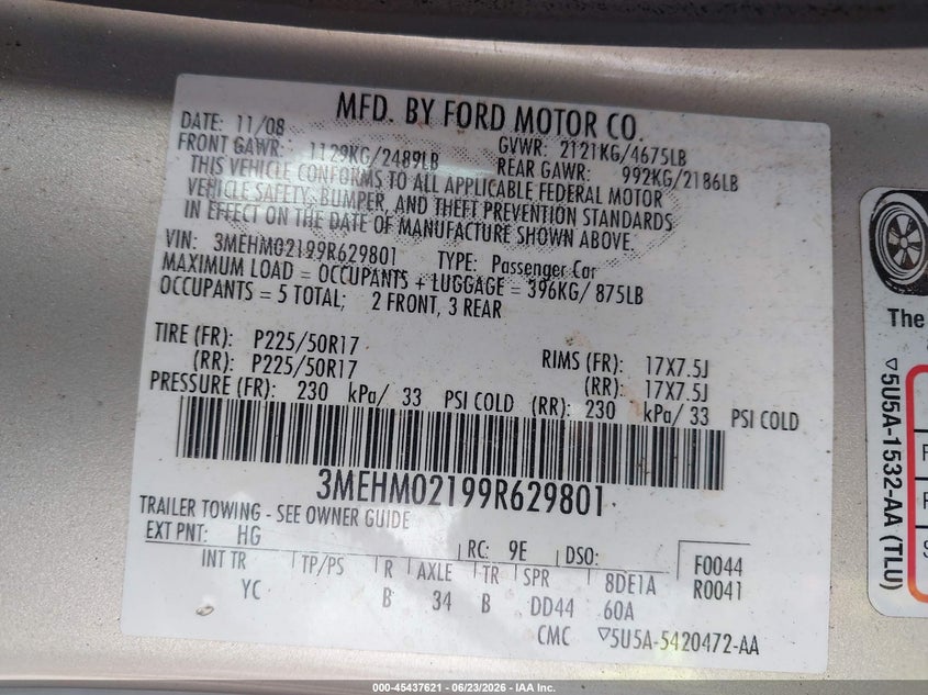 2009 Mercury Milan V6 Premier VIN: 3MEHM02199R629801 Lot: 45437621