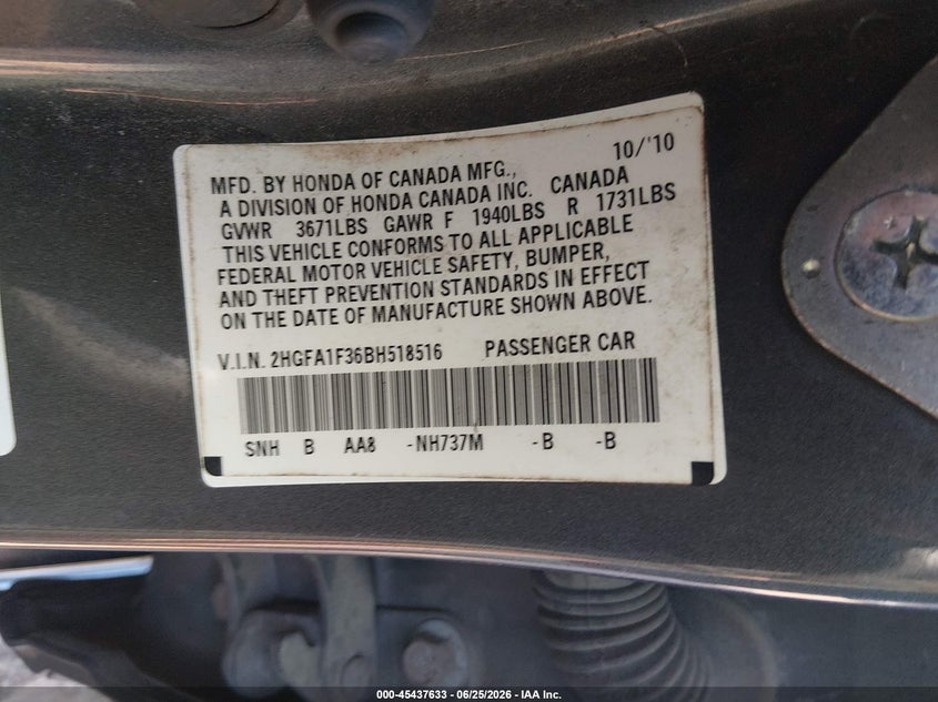 2011 HONDA CIVIC SEDAN 1.8L I-4 VVT, 140HP