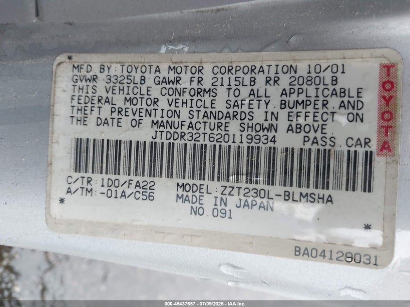 2002 Toyota Celica Gt VIN: JTDDR32T620119934 Lot: 45437657