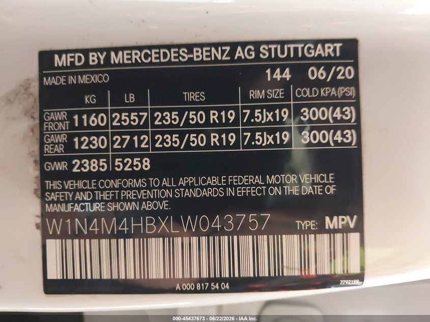 2020 Mercedes-Benz Glb 250 4Matic VIN: W1N4M4HBXLW043757 Lot: 45437673
