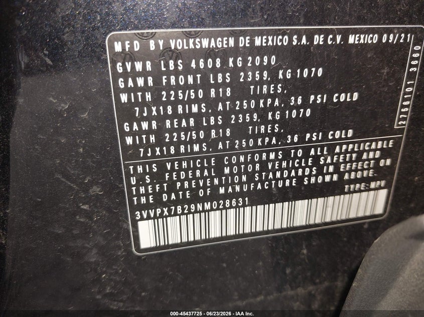 2022 Volkswagen Taos 1.5T Se VIN: 3VVPX7B29NM028631 Lot: 45437725
