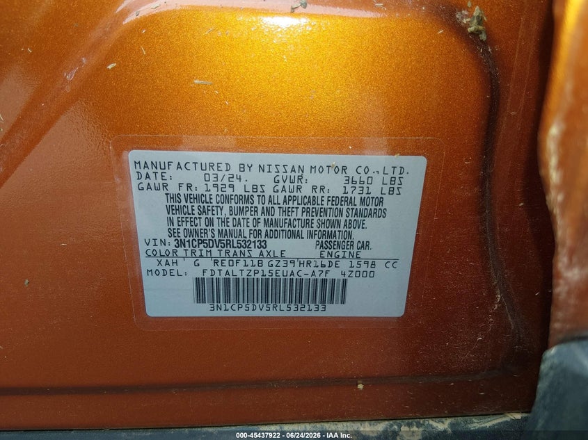 2024 Nissan Kicks Sr Xtronic Cvt VIN: 3N1CP5DV5RL532133 Lot: 45437922