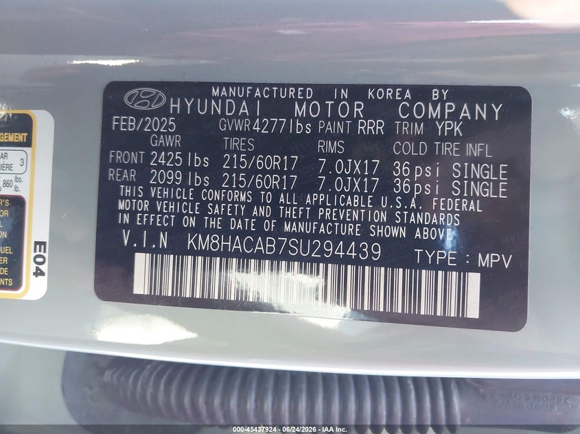 2025 Hyundai Kona Se VIN: KM8HACAB7SU294439 Lot: 45437924