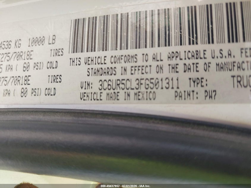 RAM 2500 2015 VIN 3C6UR5CL3FG501311