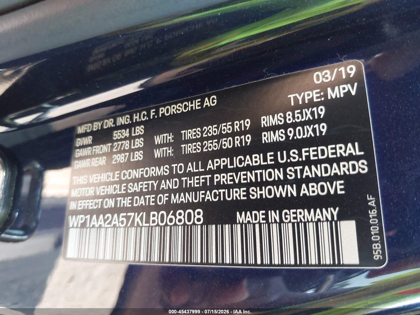 2019 Porsche Macan VIN: WP1AA2A57KLB06808 Lot: 45437999