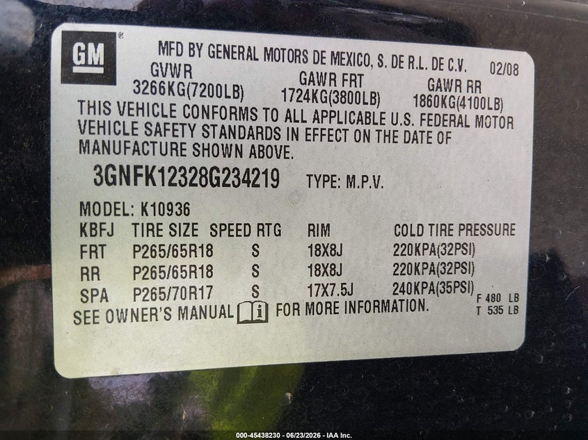 2008 Chevrolet Avalanche 1500 Lt VIN: 3GNFK12328G234219 Lot: 45438230