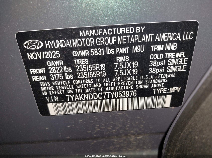 2026 Hyundai Ioniq 5 Sel VIN: 7YAKNDDC7TY053976 Lot: 45438263