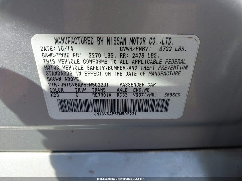 2015 Infiniti Q40 VIN: JN1CV6AP5FM502231 Lot: 45438267