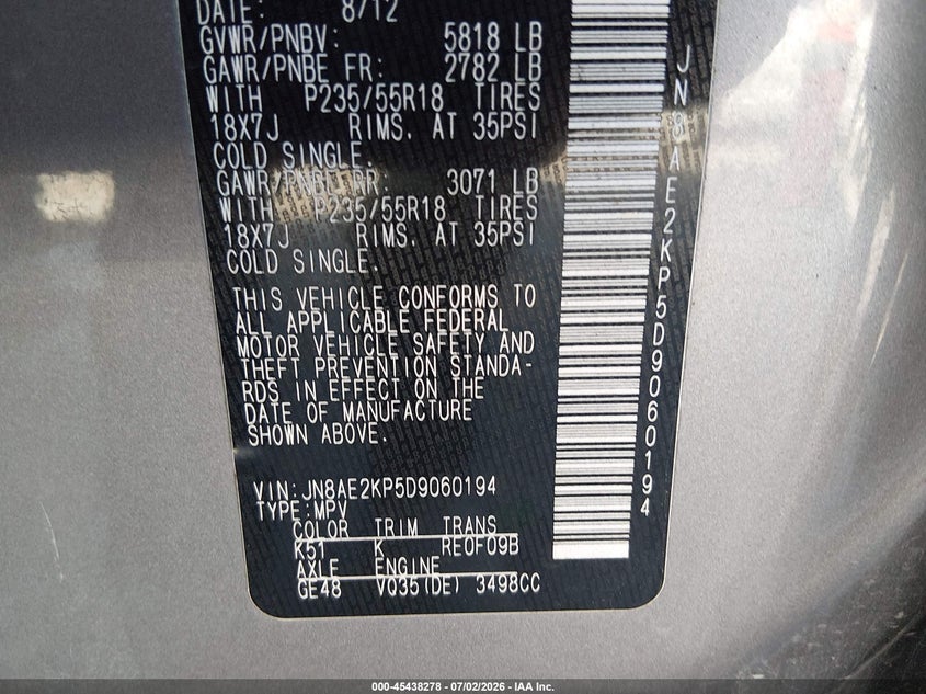 2013 Nissan Quest Sl VIN: JN8AE2KP5D9060194 Lot: 45438278