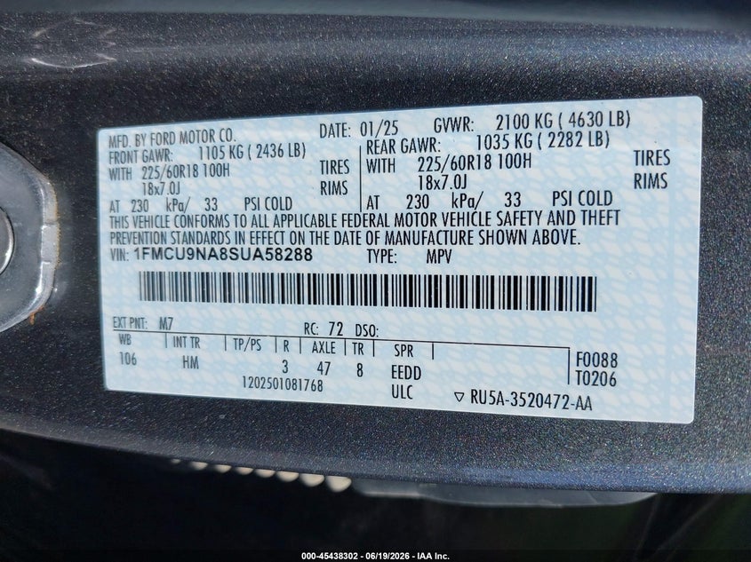 2025 FORD ESCAPE SPORT UTILITY VEHICLE 2.0L I-4 DI, DOHC, VVT, TURBO, 250HP