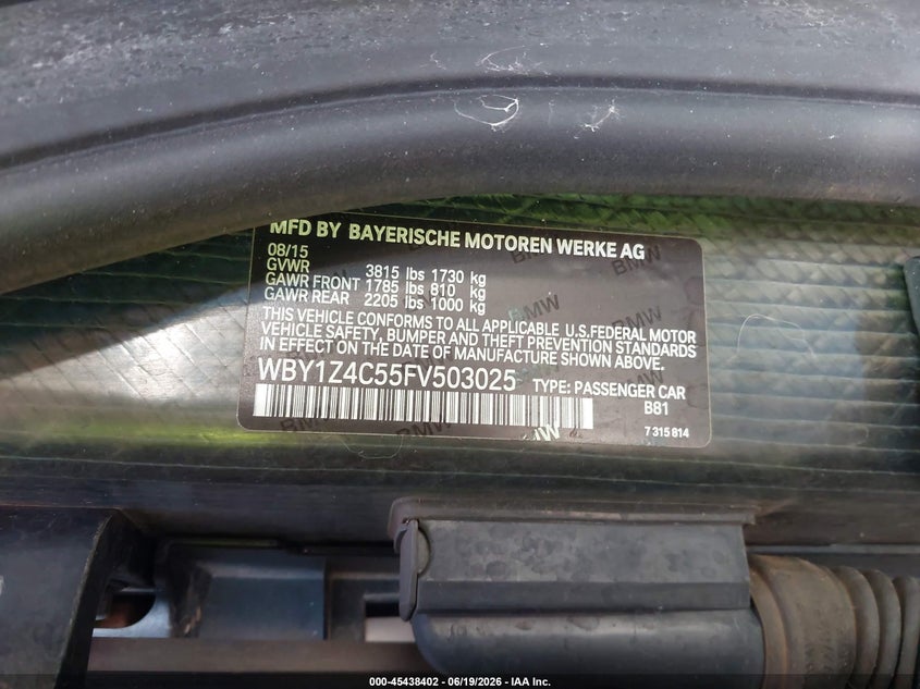 2015 BMW I3 Base W/Range Extender VIN: WBY1Z4C55FV503025 Lot: 45438402