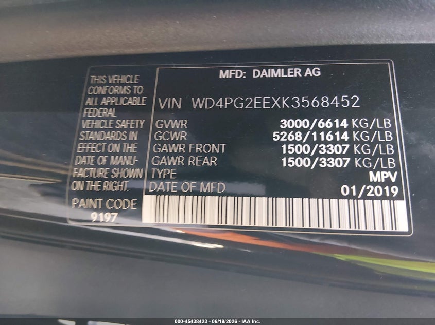 2019 Mercedes-Benz Metris VIN: WD4PG2EEXK3568452 Lot: 45438423