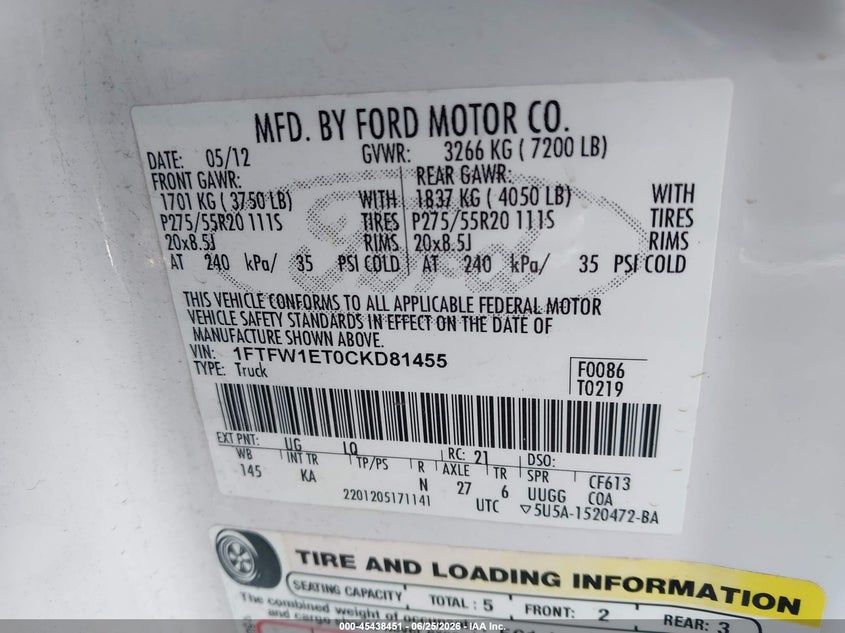 2012 FORD F-150 PICKUP 3.5L V-6 DI, DOHC, VVT, TURBO, 365HP