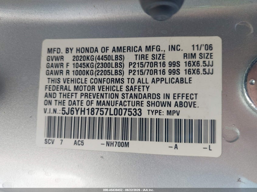 2007 Honda Element Ex VIN: 5J6YH18757L007533 Lot: 45438452