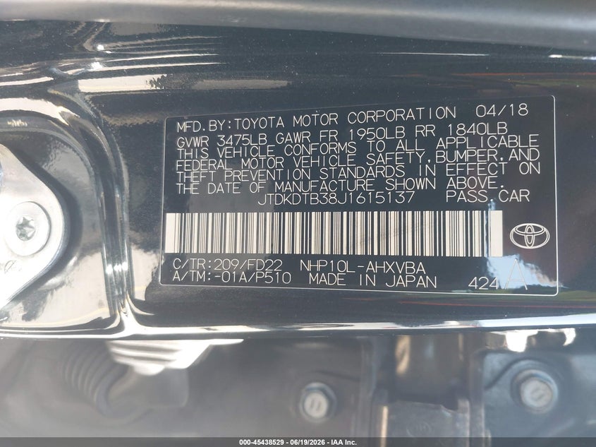 2018 Toyota Prius C One VIN: JTDKDTB38J1615137 Lot: 45438529