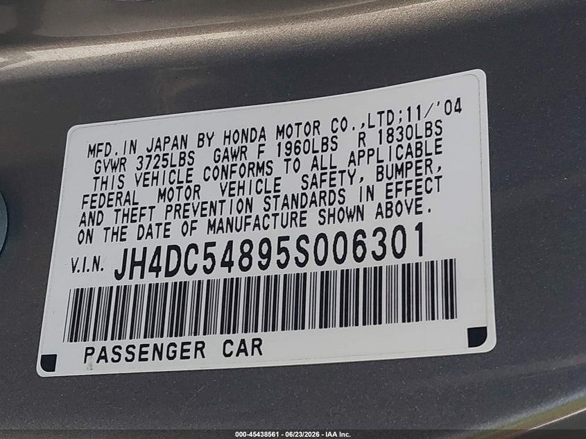 2005 Acura Rsx VIN: JH4DC54895S006301 Lot: 45438561