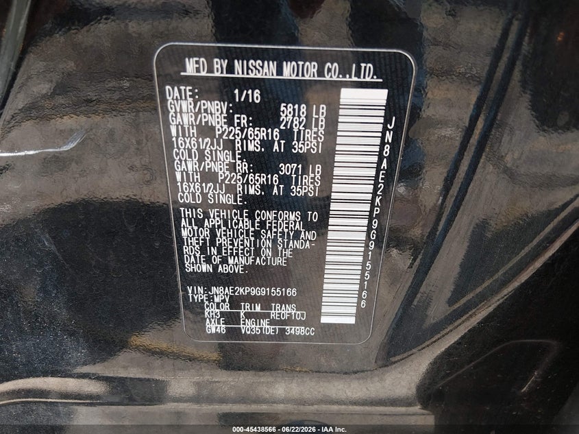 2016 Nissan Quest S VIN: JN8AE2KP9G9155166 Lot: 45438566