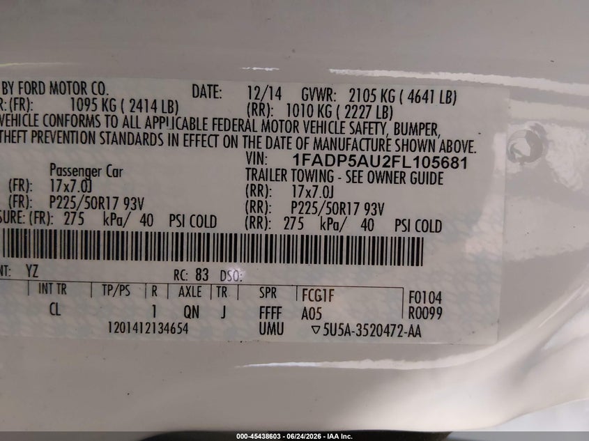 2015 Ford C-Max Hybrid Se VIN: 1FADP5AU2FL105681 Lot: 45438603