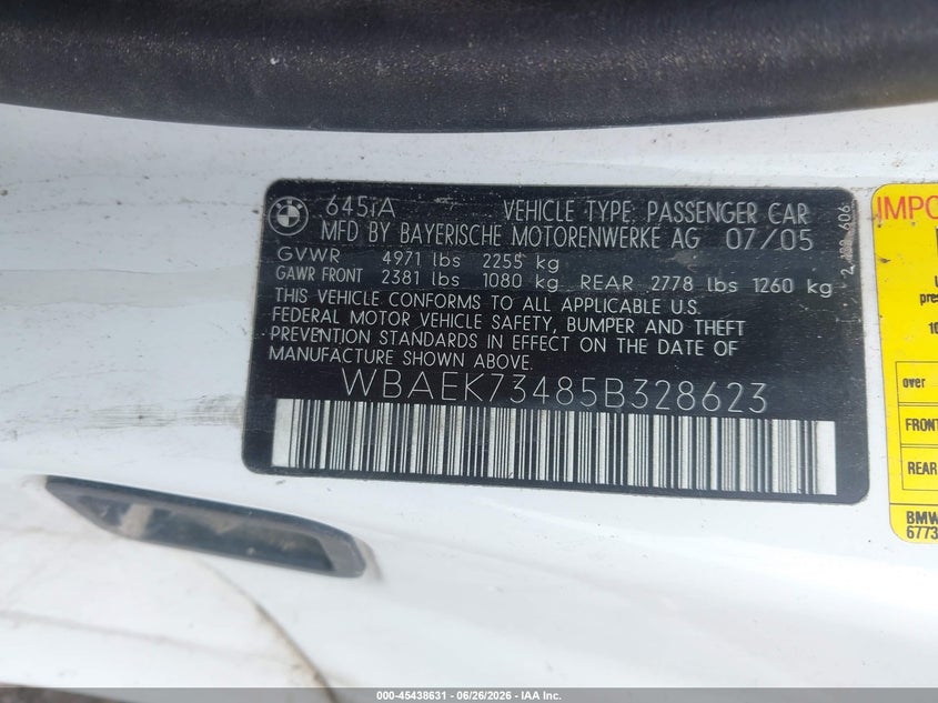 2005 BMW 645Ci VIN: WBAEK73485B328623 Lot: 45438631