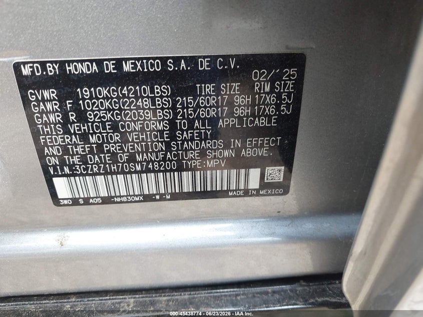 HONDA HR-V 2025 VIN 3CZRZ1H70SM748200