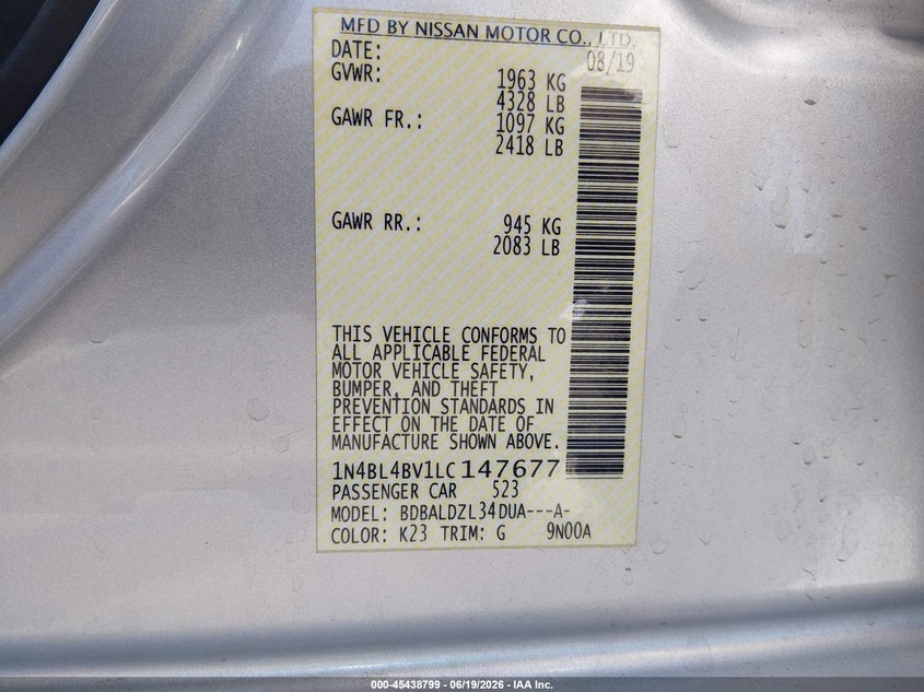 NISSAN ALTIMA 2020 VIN 1N4BL4BV1LC147677
