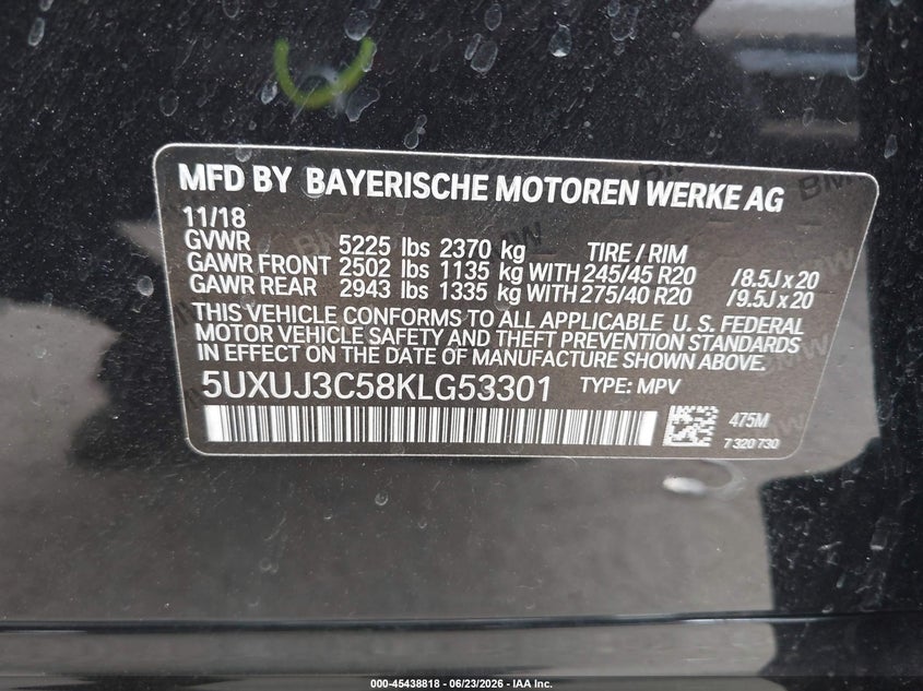 2019 BMW X4 xDrive30I VIN: 5UXUJ3C58KLG53301 Lot: 45438818