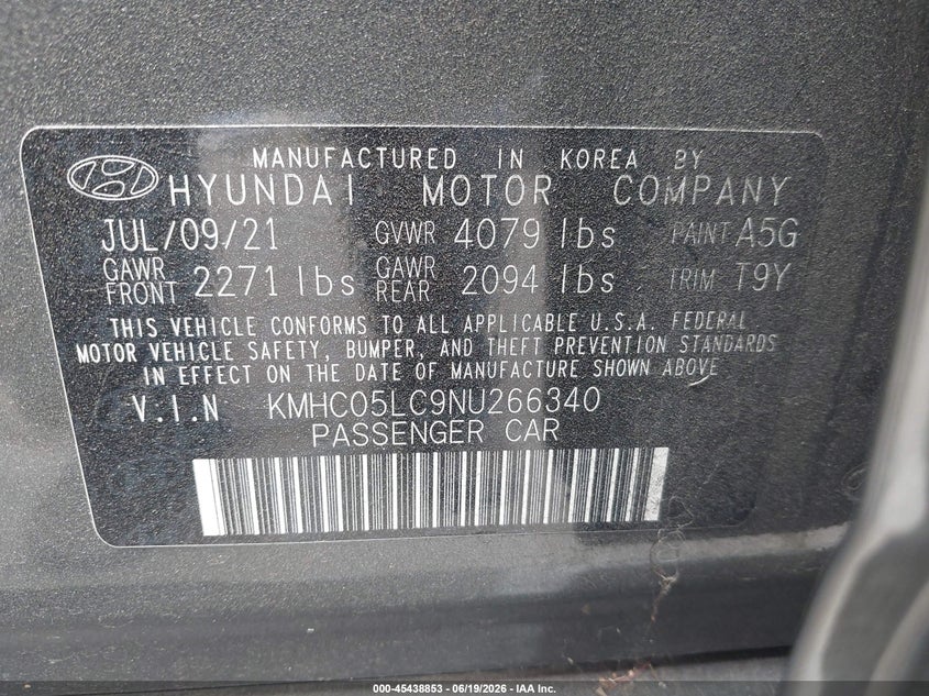 VIN KMHC05LC9NU266340 2022 HYUNDAI IONIQ HYBRID LIMITED