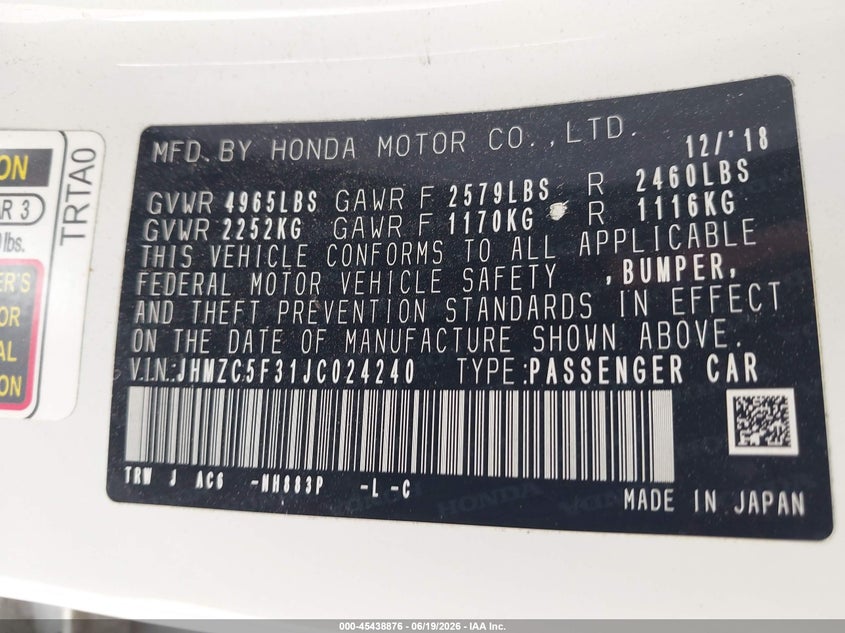 2018 Honda Clarity Plug-In Hybrid Touring VIN: JHMZC5F31JC024240 Lot: 45438876
