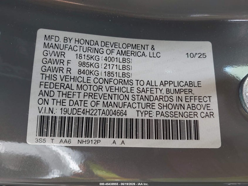 2026 Acura Integra Fwd VIN: 19UDE4H22TA004664 Lot: 45438955