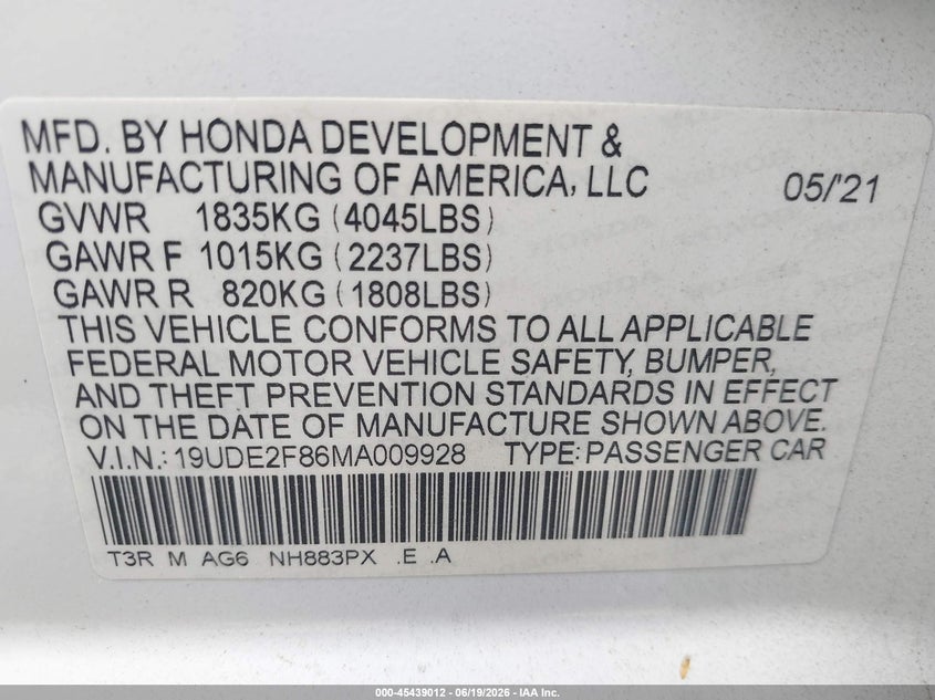 2021 Acura Ilx Premium A-Spec Packages/Technology A-Spec Packages VIN: 19UDE2F86MA009928 Lot: 45439012