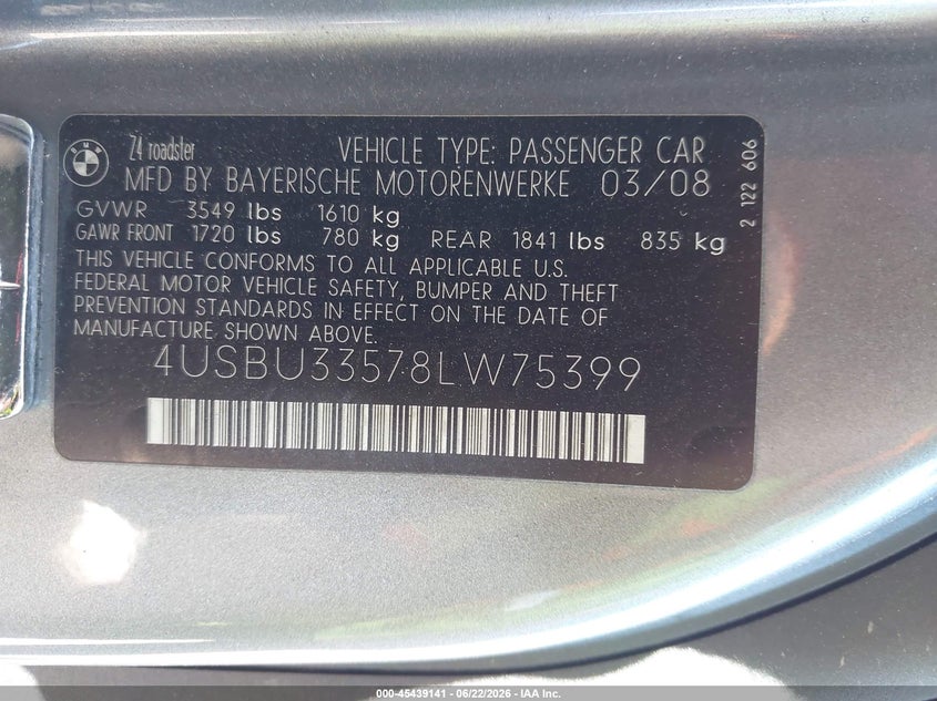 2008 BMW Z4 3.0I VIN: 4USBU33578LW75399 Lot: 45439141