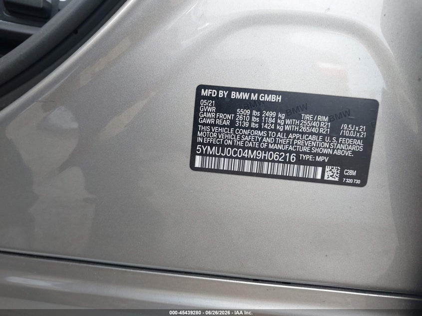 2021 BMW X4 M VIN: 5YMUJ0C04M9H06216 Lot: 45439280