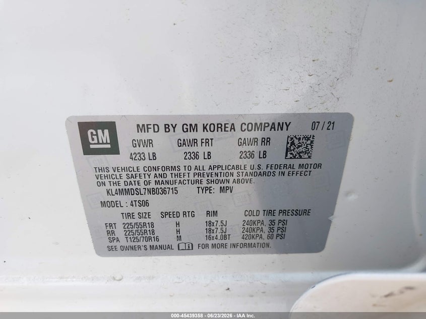2022 Buick Encore Gx Fwd Select VIN: KL4MMDSL7NB036715 Lot: 45439358