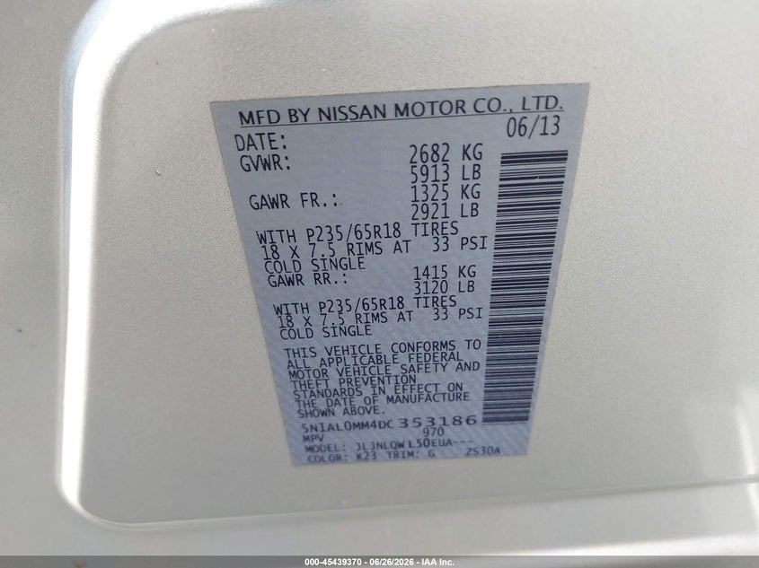 2013 Infiniti Jx35 VIN: 5N1AL0MM4DC353186 Lot: 45439370