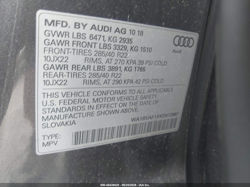 2019 Audi Q8 55 Premium VIN: WA1BVAF1XKD012887 Lot: 45439420