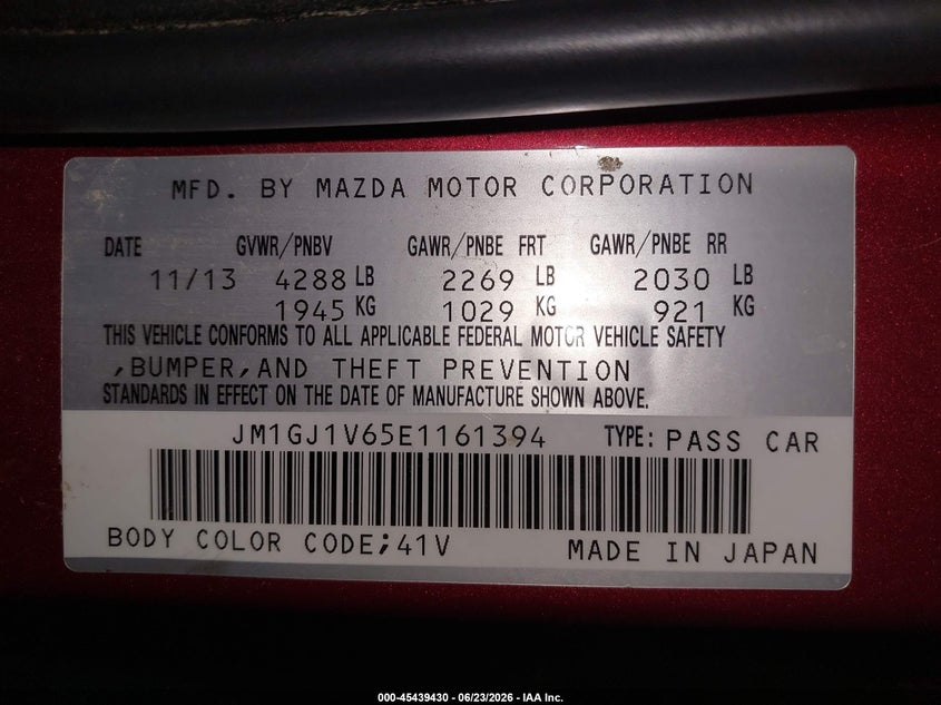 2014 Mazda Mazda6 I Touring VIN: JM1GJ1V65E1161394 Lot: 45439430