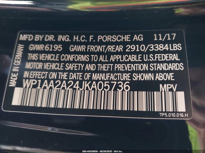 2018 Porsche Cayenne VIN: WP1AA2A24JKA05736 Lot: 45439556