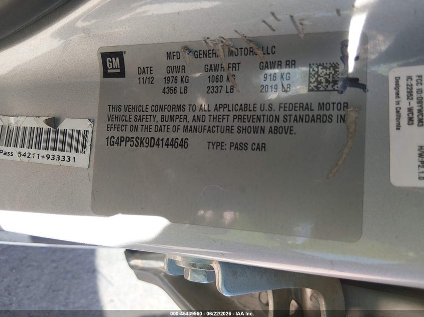 2013 Buick Verano VIN: 1G4PP5SK9D4144646 Lot: 45439560